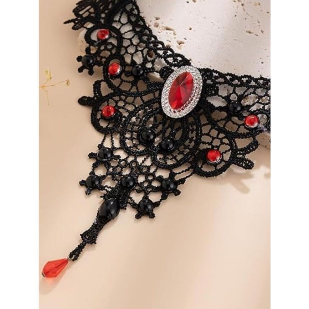 NWT Gothic Black Lace Choker Red & Black Cabochons Teardrop Bead - Picture 5 of 6